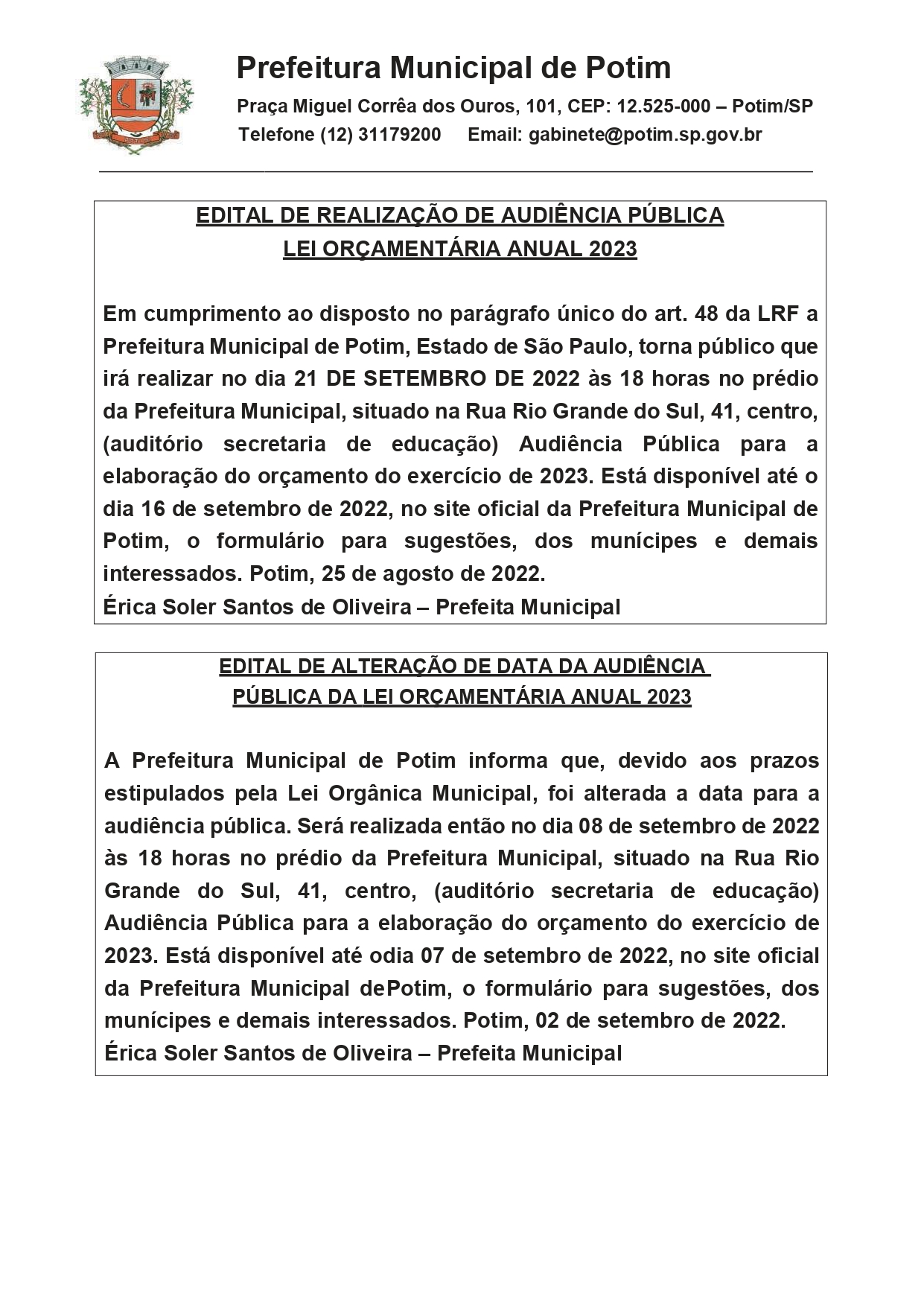 Edital Audiência Pública Prefeitura Municipal de Potim SP